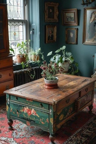 Salon de style vintage avec plantes d’intérieur, table basse rustique peinte à la main et portraits anciens – inspiration Pinterest par ARTicles in Glass