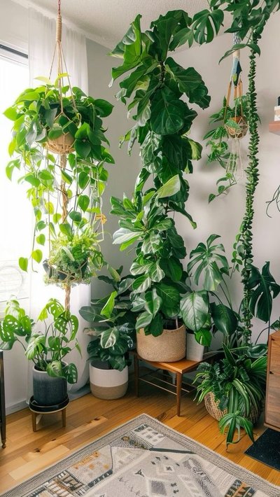 Coin lumineux rempli de plantes d’intérieur luxuriantes dans des pots décoratifs – inspiration Pinterest par BeautyIsland