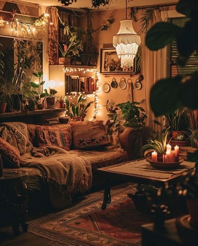 Salon chaleureux à l’éclairage tamisé décoré de plantes d’intérieur, bougies et guirlandes lumineuses – inspiration Pinterest par Jaedxnathan