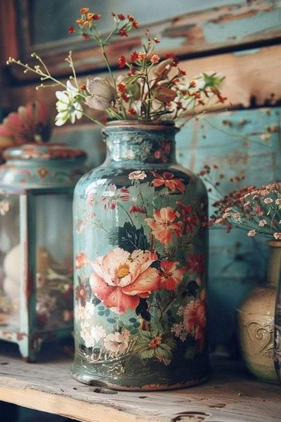Vase vintage peint à la main avec motifs floraux et arrangement de plantes séchées – inspiration Pinterest par JYIArtworks