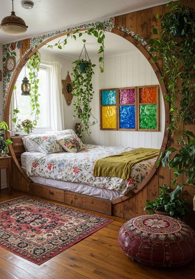Chambre bohème avec plantes d'intérieur inspirée de Kim Stano sur Pinterest – lit encadré en bois et déco florale colorée