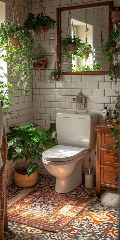 Salle de bain bohème décorée de plantes d’intérieur suspendues, carrelage vintage et lumière naturelle – inspiration Pinterest par Linda Hickey