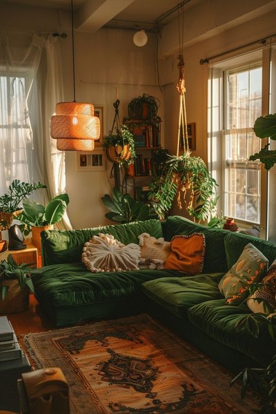 Salon lumineux et chaleureux décoré de plantes d’intérieur, canapé vert en velours et ambiance vintage – inspiration Pinterest par Marjolaine Hintz