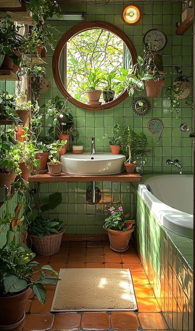 Salle de bain végétalisée aux carreaux verts, remplie de plantes d’intérieur en pots – inspiration Pinterest par Michele Bates