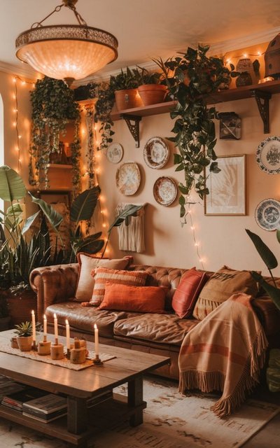 Salon chaleureux décoré de plantes d’intérieur, ambiance cosy et bohème inspirée de Yasmeen Prosacco sur Pinterest