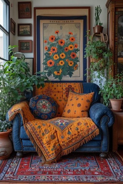 Coin lecture coloré avec plantes d’intérieur, fauteuil bleu décoré de textiles orange et affiche botanique vintage – inspiration Pinterest par Candace Bishop