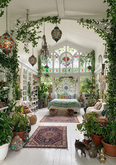 Plante tendance dans une chambre bohème lumineuse inspirée de Carole Dennis sur Pinterest – vitraux colorés et ambiance végétale