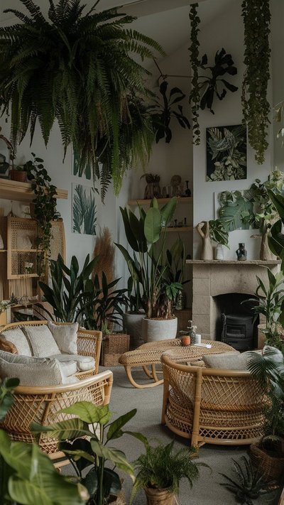 Salon au style naturel et apaisant rempli de plantes d'intérieur, ambiance jungle urbaine inspirée de Pinterest