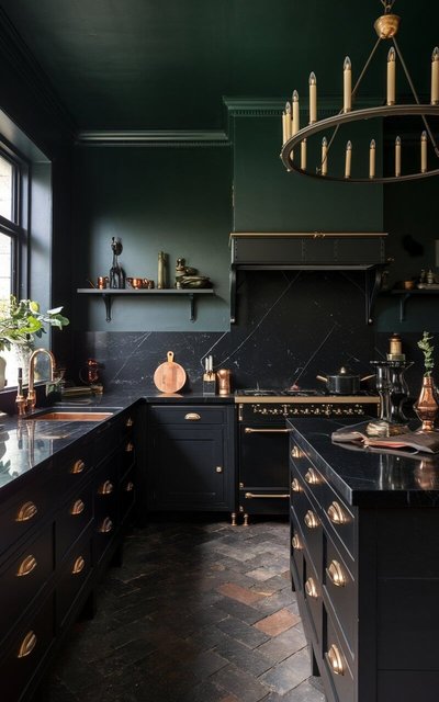 Cuisine élégante au style classique avec armoires noires, comptoirs en marbre foncé, accents de cuivre et laiton, électroménagers haut de gamme et lustre à chandelles suspendu sous un plafond vert foncé Source - Puce Moment Pinterest