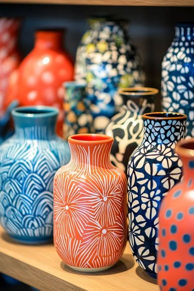 Collection de vases en céramique aux motifs colorés et géométriques, exposés sur une étagère en bois Source - Recipes Inspire Food Recipes & Cooking