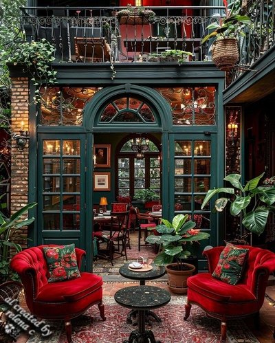 Terrasse élégante au style vintage avec fauteuils en velours rouge par Relenarelena C. Pinterest Terrasse élégante au style vintage avec fauteuils en velours rouge, portes vert foncé vitrées, plantes luxuriantes et ambiance chaleureuse et romantique par Relenarelena C. Pinterest