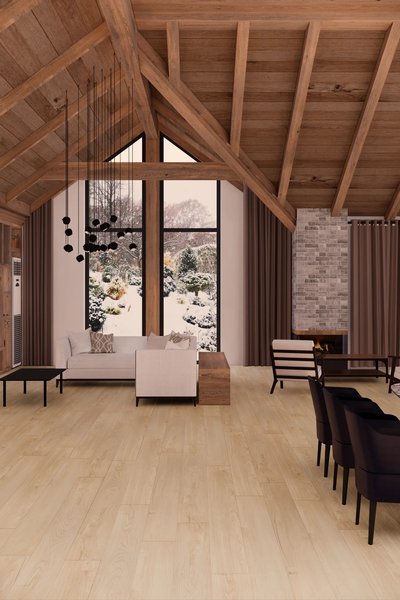 Salon chaleureux avec plafond cathédrale et plancher vinyle Rigidwood Firm Premier Ainsworth au fini mat, parfait pour un décor rustique chic – Plancher 2000