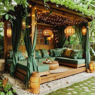 Salon de jardin tropical en bois avec rideaux verts Source - Roberto Pinterest Salon de jardin tropical en bois avec rideaux verts, guirlandes lumineuses et lanternes en rotin, créant une ambiance chaleureuse et exotique en extérieur Source - Roberto Pinterest