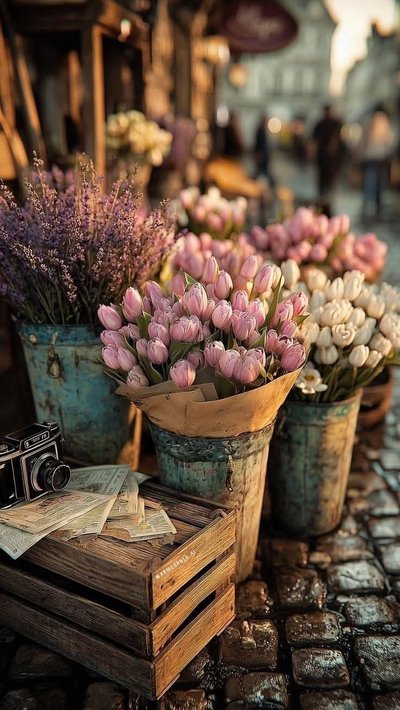Scène de marché fleuri avec des seaux de tulipes roses, blanches et de lavande, ambiance rétro avec appareil photo ancien et pavés mouillés Source - Rocío Pinterest