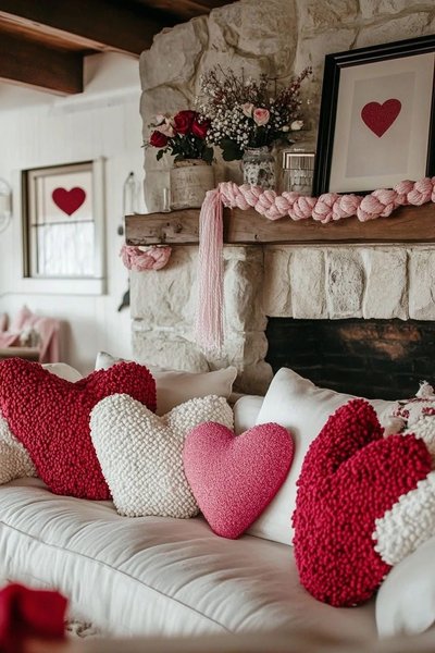 Salon chaleureux décoré pour la Saint-Valentin avec des coussins en forme de cœur rouges, blancs et roses sur un canapé, guirlande rose sur la cheminée en pierre et bouquet de fleurs sur le manteau Source - Georgene Britz Pinterest