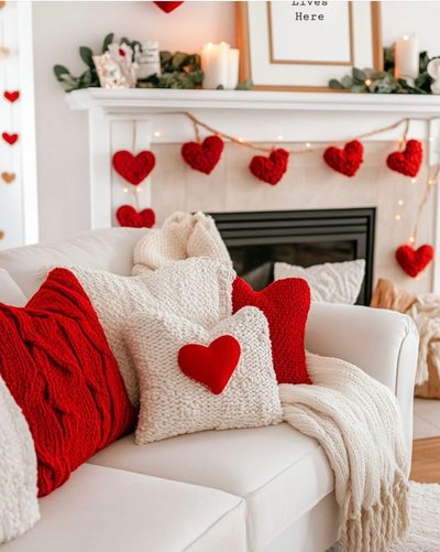 Salon lumineux décoré pour la Saint-Valentin avec des coussins rouges et blancs, des cœurs en tricot suspendus à la cheminée, guirlandes lumineuses et bougies blanches Source - Pamela Gilges Pinterest