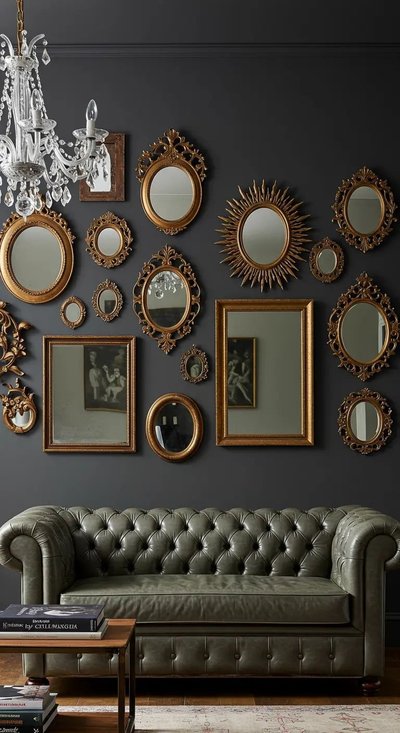 Mur sombre orné de miroirs anciens dorés de différentes formes, canapé Chesterfield en cuir vert et lustre en cristal Source - Hauszi France Pinterest