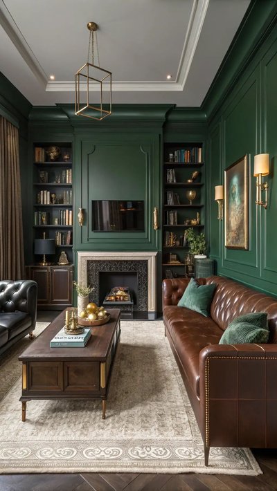 Salon vert sophistiqué avec murs moulurés par Learn California Pinterest Salon vert sophistiqué avec murs moulurés, canapé en cuir brun, cheminée encadrée de marbre et luminaires dorés créant une ambiance élégante et chaleureuse par Learn California Pinterest