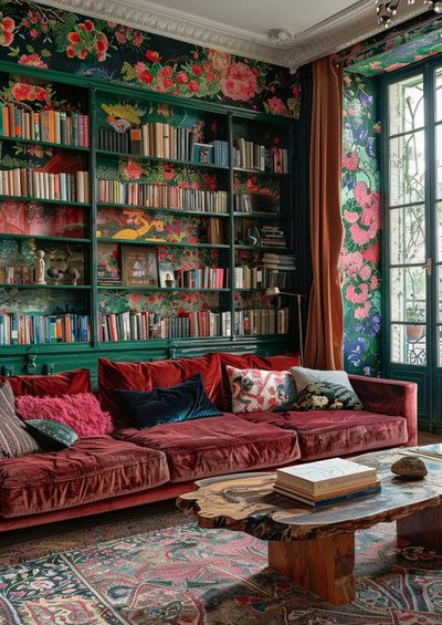 Salon coloré avec canapé en velours rouge par Living Bright Interiors Pinterest Salon coloré avec canapé en velours rouge, bibliothèque vert foncé ornée de livres et papier peint floral vibrant, créant une ambiance chaleureuse et artistique par Living Bright Interiors Pinterest
