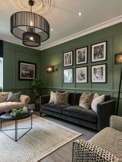 Salon vert élégant avec murs moulurés par ownthriveoff Pinterest Salon vert élégant avec murs moulurés, canapé noir, fauteuil à motifs léopard, luminaires modernes et décor raffiné par ownthriveoff Pinterest