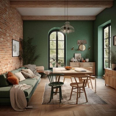 Salon vert moderne avec murs en briques par Christophe Mathieu Pinterest Salon vert moderne avec murs en briques, mobilier en bois clair, canapé vert sauge et grandes fenêtres laissant entrer la lumière naturelle par Christophe Mathieu Pinterest
