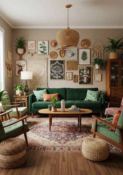 Salon vert au style bohème chic avec canapé en velours vert par Decor Sly Pinterest Salon vert au style bohème chic avec canapé en velours vert, meubles en bois, décorations murales naturelles et tapis persan coloré par Decor Sly Pinterest