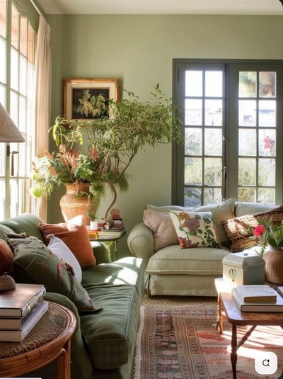 Salon vert lumineux avec canapés verts, plantes d'intérieur, grandes fenêtres et décor naturel aux tons doux et chaleureux par Liz Frith Pinterest