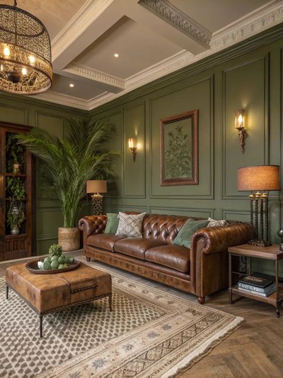 Salon vert élégant avec canapé en cuir brun, murs moulurés vert olive, tapis beige à motifs et éclairage d'ambiance chaleureux Par ownthriveoff Pinterest