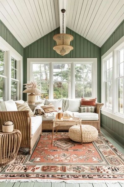 Véranda lumineuse au style bohème avec murs vert sauge par Restore Decor & More Pinterest Véranda lumineuse au style bohème avec murs vert sauge, mobilier en rotin, tapis oriental rouille et grandes fenêtres laissant entrer la lumière naturelle par Restore Decor & More Pinterest