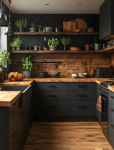 Cuisine chaleureuse au style rustique moderne avec armoires noires mates, comptoirs et dosseret en bois naturel, étagères ouvertes garnies de plantes aromatiques et accessoires culinaires Source - Samibratz Pinterest