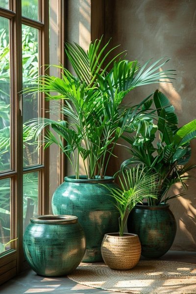 Plantes tropicales en pots verts émaillés et panier tressé, placées près d'une fenêtre lumineuse dans un intérieur chaleureux au style naturel Source - Scarlett Kaur Pinterest