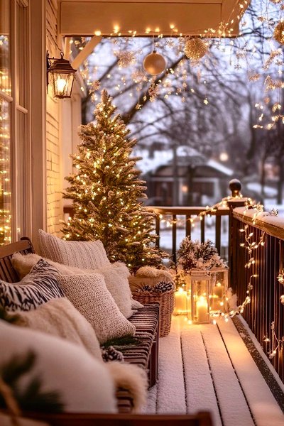 Balcon enneigé décoré pour Noël avec sapin illuminé, coussins douillets, guirlandes lumineuses et lanternes chaleureuses Source - SerpilSerdar Pinterest