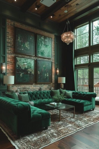 Salon élégant avec canapé en velours vert émeraude par SerpilSerdar Pinterest Salon élégant avec canapé en velours vert émeraude, murs en briques et panneaux bois, grandes fenêtres et lustre suspendu créant une ambiance raffinée et chaleureuse par SerpilSerdar Pinterest