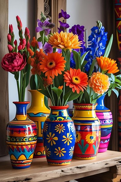 Vases colorés aux motifs floraux peints à la main, remplis de fleurs fraîches éclatantes dans des tons de rouge, orange, violet et bleu, exposés sur une étagère en bois Source - Shoppe Maison Rose Luxury Home Decor & Ideas Pinterest