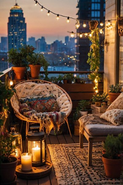 Balcon urbain de style bohème avec fauteuil en rotin, guirlandes lumineuses, plantes en pot, tapis texturé et lanternes à chandelles, avec vue sur la ville au coucher du soleil Source - Shotframez - Kunstwerke für dein Zuhause Pinterest