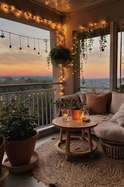Balcon cosy décoré de guirlandes lumineuses, plantes en pot et coussins, avec vue sur le coucher de soleil et ambiance chaleureuse en fin de journée Source - Shotframez - Kunstwerke für dein Zuhause Pinterest