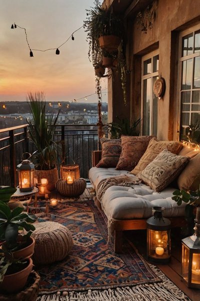 Balcon bohème aménagé avec tapis coloré, coussins à motifs, lanternes allumées et plantes suspendues, offrant une vue sur la ville au coucher du soleil Source - Shotframez - Kunstwerke für dein Zuhause Pinterest