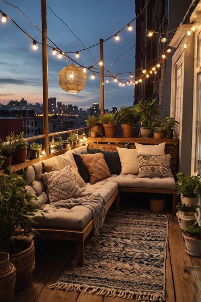 Balcon urbain décoré avec canapé en bois, coussins bohèmes, guirlandes lumineuses et nombreuses plantes en pots, avec vue sur la ville au coucher du soleil Source - Shotframez - Kunstwerke für dein Zuhause Pinterest