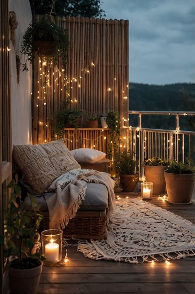 Petit balcon chaleureux décoré de guirlandes lumineuses, coussins texturés, plantes en pot et bougies, avec vue sur la nature au crépuscule Source - Shotframez - Kunstwerke für dein Zuhause Pinterest