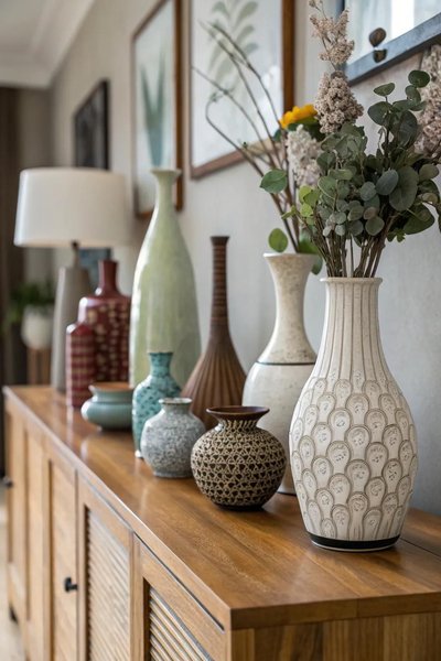 Collection de vases décoratifs en céramique de différentes formes et textures disposés sur un buffet en bois dans un intérieur moderne Source - Soft & Soulful ✧ Mindful Interiors & Home Ideas Pinterest
