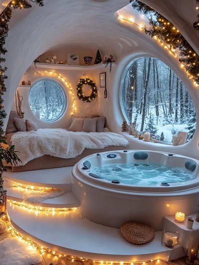 Chambre cocooning d'hiver avec jacuzzi intégré, lit douillet, décorations de Noël, guirlandes lumineuses et grandes fenêtres arrondies offrant une vue sur une forêt enneigée Source - sonia Pinterest