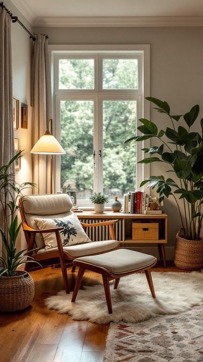Espace de lecture lumineux et apaisant, avec fauteuil en bois clair, repose-pieds assorti, tapis en peau, grandes plantes vertes et une grande fenêtre laissant entrer la lumière naturelle Source - Spiritual Nexus Pinterest