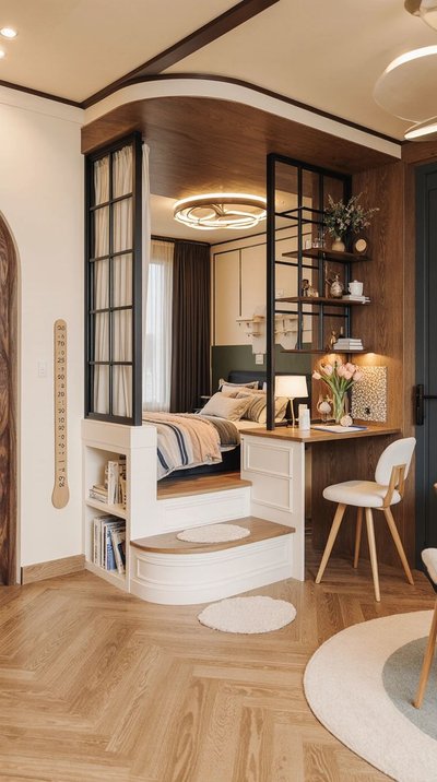 Chambre surélevée intégrée dans un espace multifonction, avec coin bureau élégant, étagères décoratives et plancher en bois chaleureux Source - StylePointOfficial Pinterest