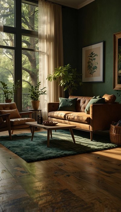 Salon moderne avec murs vert foncé, canapé en cuir camel, plantes d'intérieur et grandes fenêtres laissant entrer la lumière naturelle pour une ambiance chaleureuse et apaisante par stylishspaceglobe Home Decorating Ideas Interior Design DIY