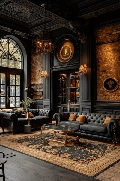 Salon luxueux au style victorien avec murs en briques et moulures noires, canapés Chesterfield en cuir, lustres classiques, tapis oriental et ambiance feutrée digne d'un speakeasy raffiné Source - superapp Pinterest