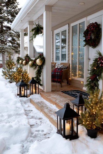 Véranda enneigée décorée pour Noël avec guirlandes de sapin, lanternes noires à bougies, couronne festive et lumières scintillantes Source - Sustainability Success Decor • Crafts • Gardening Pinterest