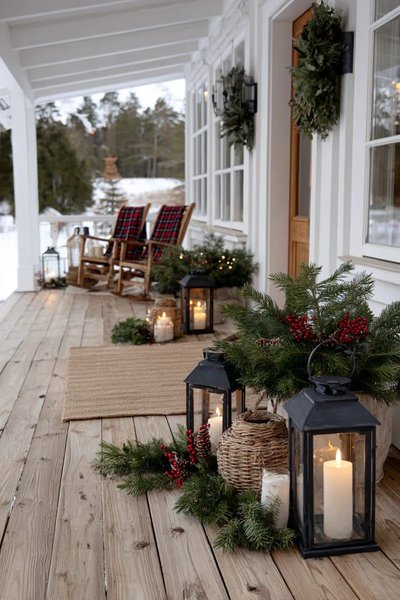 Galerie enneigée décorée pour Noël avec lanternes à bougies, branches de sapin, couronnes festives et fauteuils berçants avec coussins à carreaux rouges Source - Sustainability Success Decor • Crafts • Gardening Pinterest