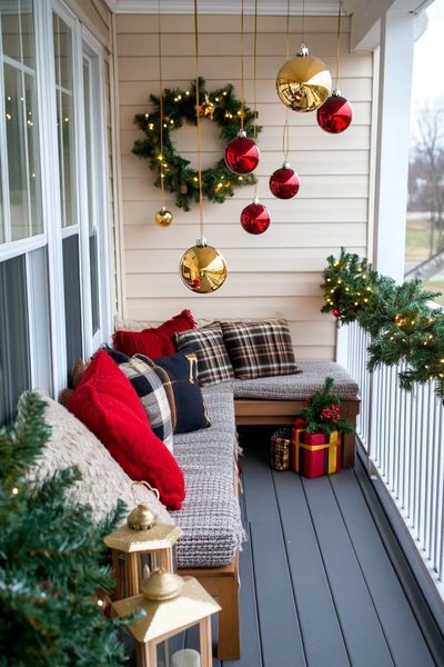 Balcon décoré pour Noël avec coussins rouges et à carreaux, guirlandes lumineuses, boules suspendues rouges et dorées, couronne de sapin et cadeaux décoratifs Source - Sustainability Success Decor • Crafts • Gardening Pinterest