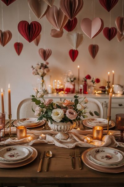 Table romantique décorée pour la Saint-Valentin Source - DollHouseWow | Home Decor & Organization Inspirations Pinterest Table romantique décorée pour la Saint-Valentin avec des chandelles, des fleurs et des suspensions en forme de cœur au plafond Source - DollHouseWow | Home Decor & Organization Inspirations Pinterest