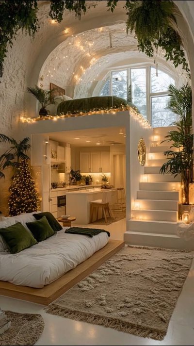 Loft troglodyte chaleureux avec mezzanine, lit bas avec coussins verts, escalier illuminé de bougies, cuisine moderne et décoration végétale sous une voûte en pierre blanche Source - talina . Pinterest